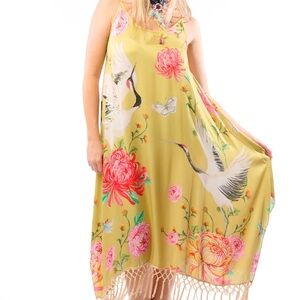 NWT Aratta Silent Journey Yellow Legend of the Crane Floral Maxi Dress Small S